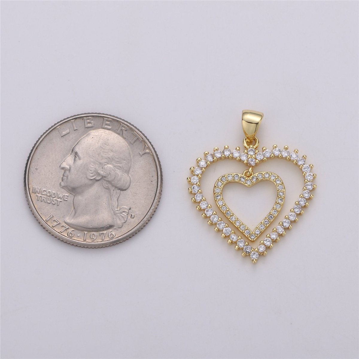 24K Gold Filled Dainty Dangle Twin Heart Pendant with Micro Pave Cubic Zirconia CZ Stone for Family Lover Necklace or Bracelet I-594
