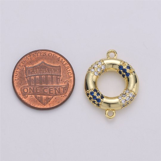 24K Gold Filled Dainty Round Navy Float Charm with Micro Pave Cubic Zirconia CZ Stone for Lifeguard Necklace or Bracelet F-354