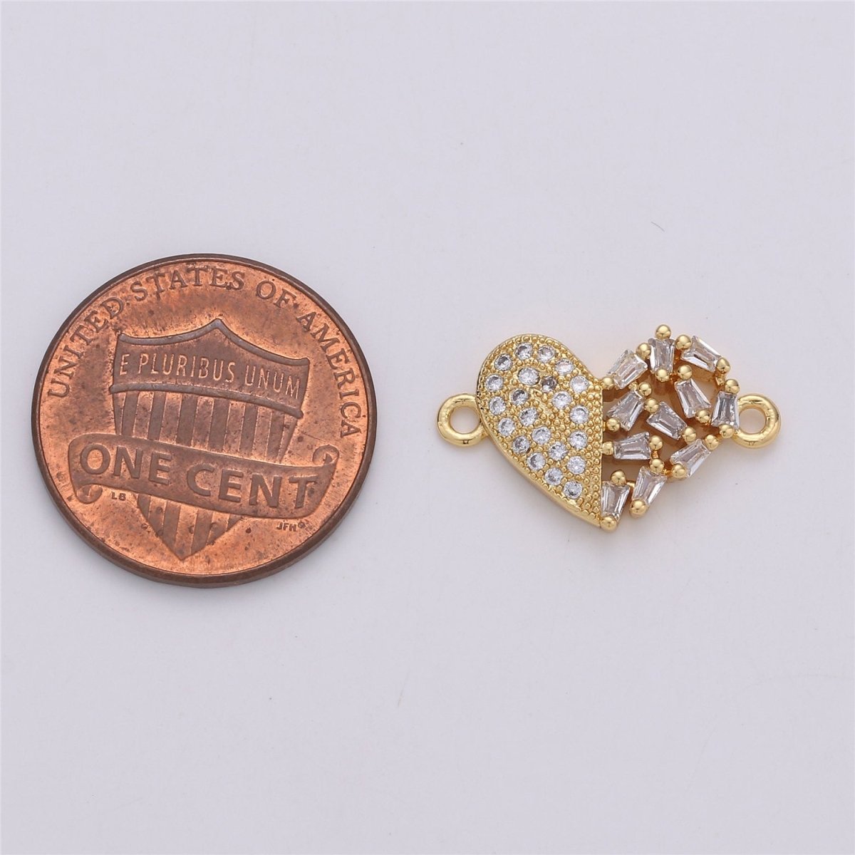 24K Gold Filled Dainty Tiny Heart Connector with Micro Pave Baguette Style Cubic Zirconia CZ Stone for Necklace or Bracelet F-355