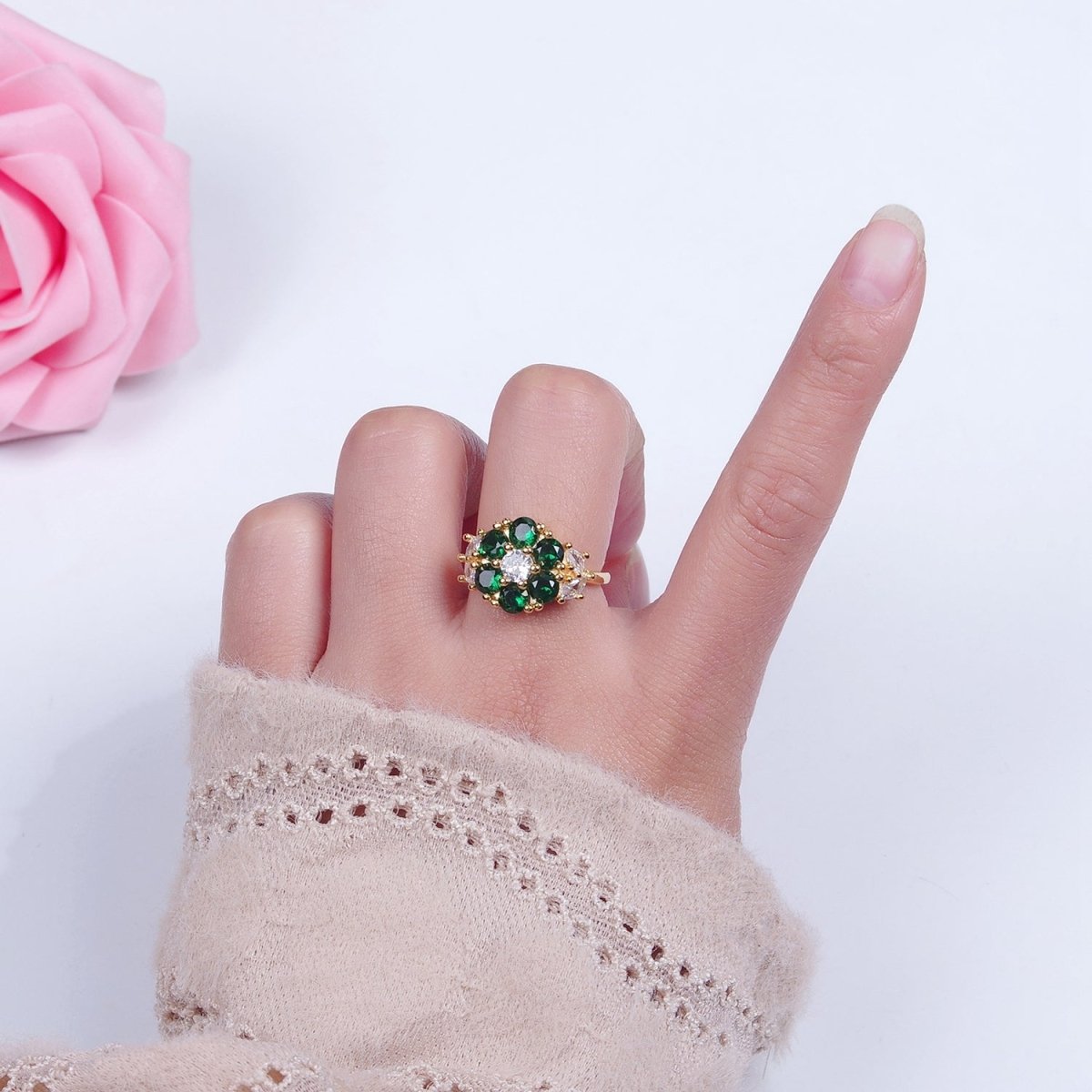 24K Gold Filled Emerald Flower Ring, Clear & Green Cubic Zirconia CZ Nature Promise Ring, O-2293