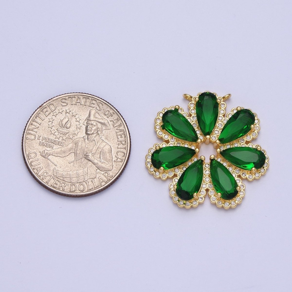 24K Gold Filled Emerald Green Daisy Flower Charm Connector For Jewelry Making, Teardrop Cubic Zirconia Petal Plant G-871