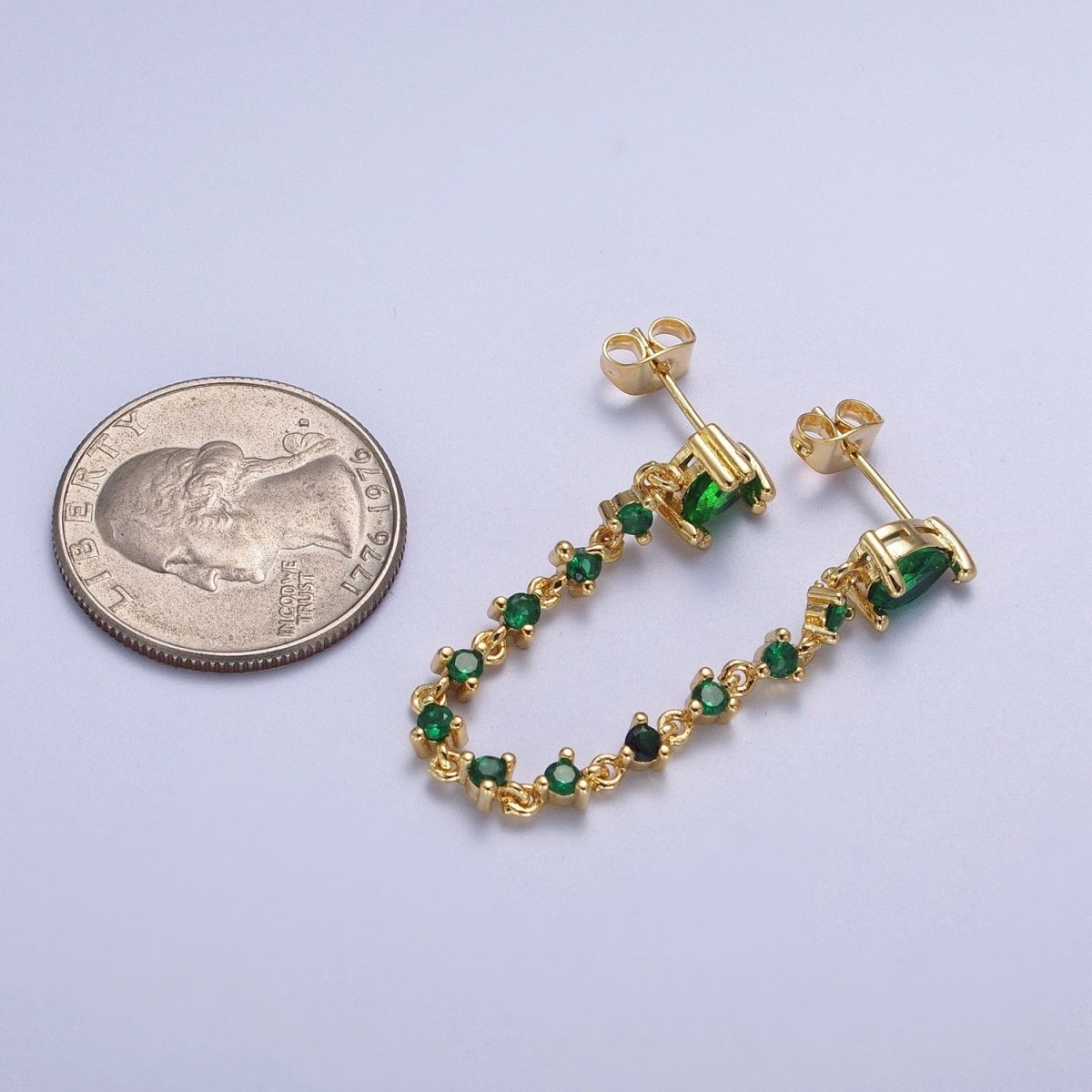 24K Gold Filled Emerald Green Double Cubic Zirconia Teardrop Round Stud Chain Earring | AE-1055