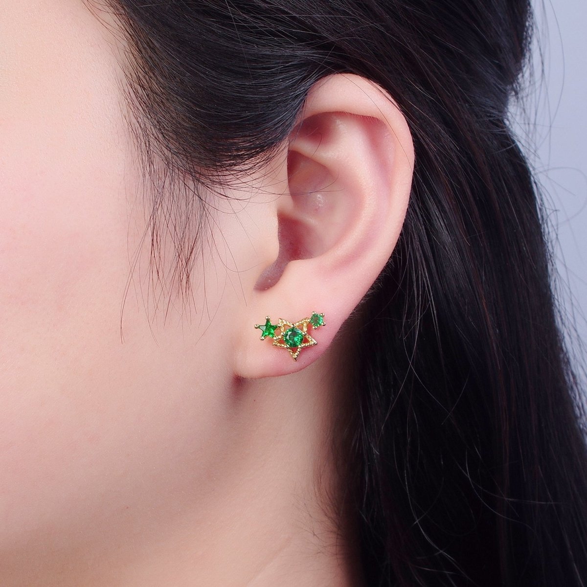24K Gold Filled Emerald Green Star Studs, Celestial Night Cubic Zirconia CZ Earrings V-432