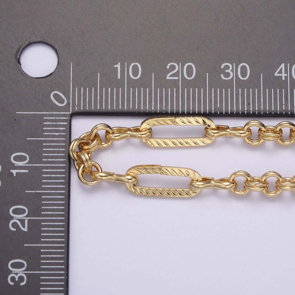 24K Gold Filled Figaro Long and Short Fancy Chain For Jewelry Making, 14X5.5mm Textured Paper Clip Chain with Figure Eight 8 & Double Rolo Link, Unfinished Chain For Jewelry Making | ROLL-653 Clearance Pricing