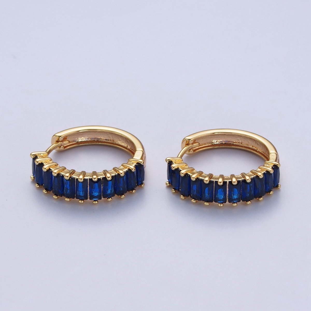 24K Gold Filled Fuchsia, Black. Blue Baguette Cubic Zirconia 18mm Huggie Hoop Earrings | AD-476~AD-478