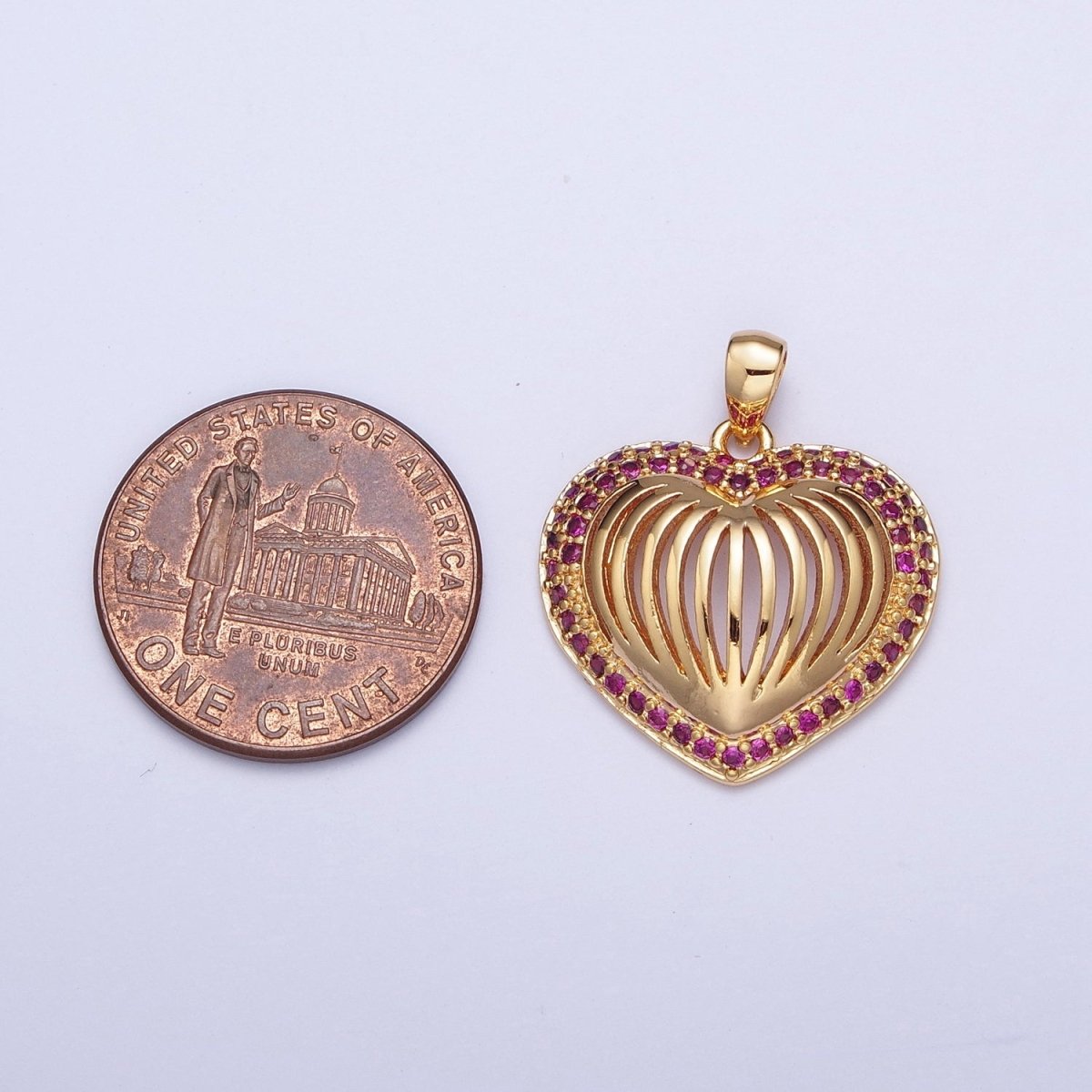 24K Gold Filled Fuchsia CZ Heart Pendant, Love Valentine Open Heart Charm For Jewelry Making X-435