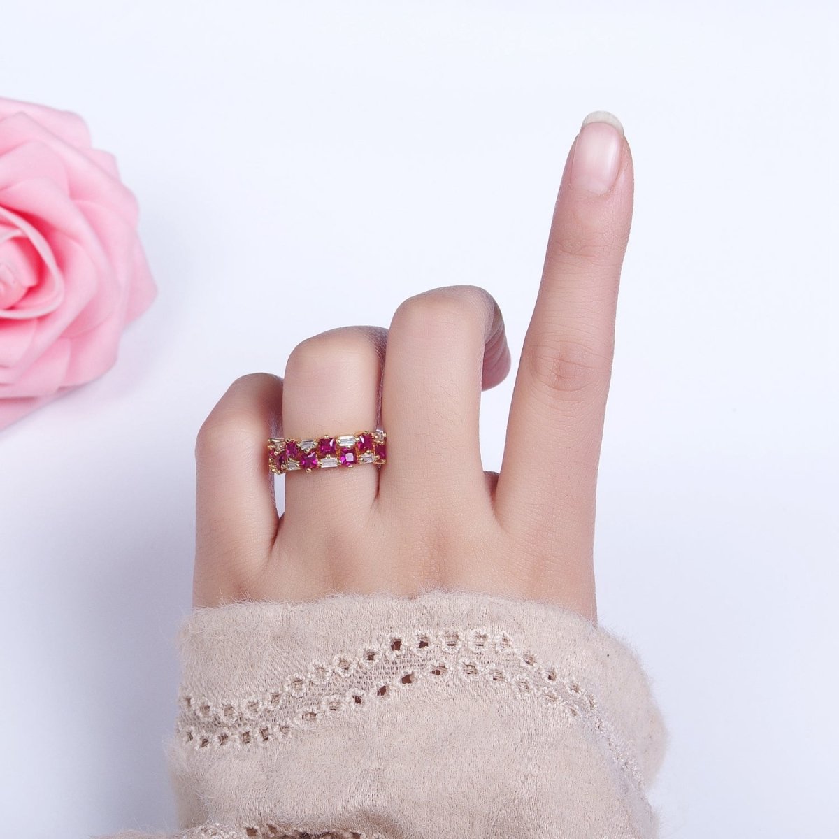 24K Gold Filled Fuchsia, Multicolor, Black, Purple, Blue, Pink, Green, Clear Baguette Square CZ Ring in Gold & Silver | O-1533~O-1548