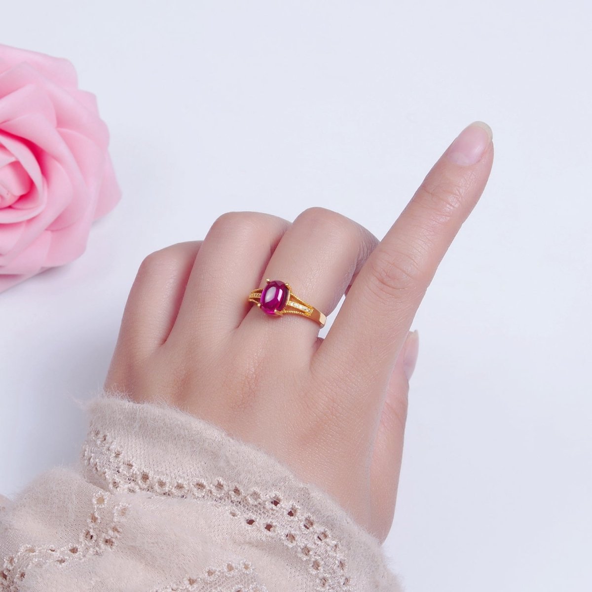 24K Gold Filled Fuchsia Pink Jade with Micro Pave CZ Band O-772