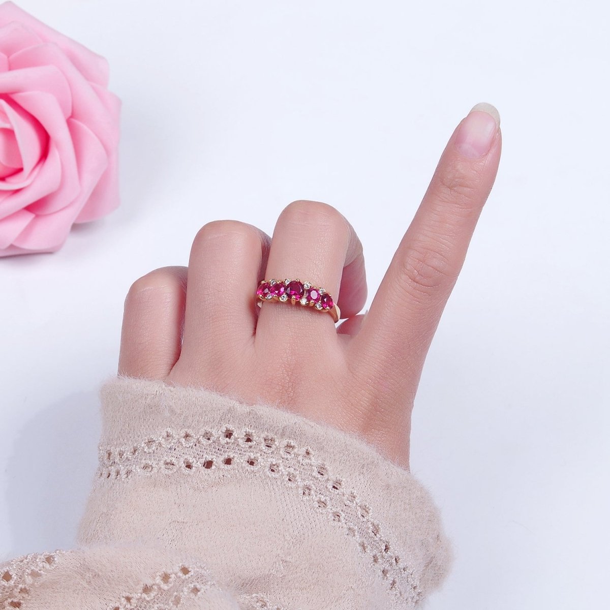 24K Gold Filled Fuchsia Pink Promise Ring, Round Cubic Zirconia CZ Ring O-2295
