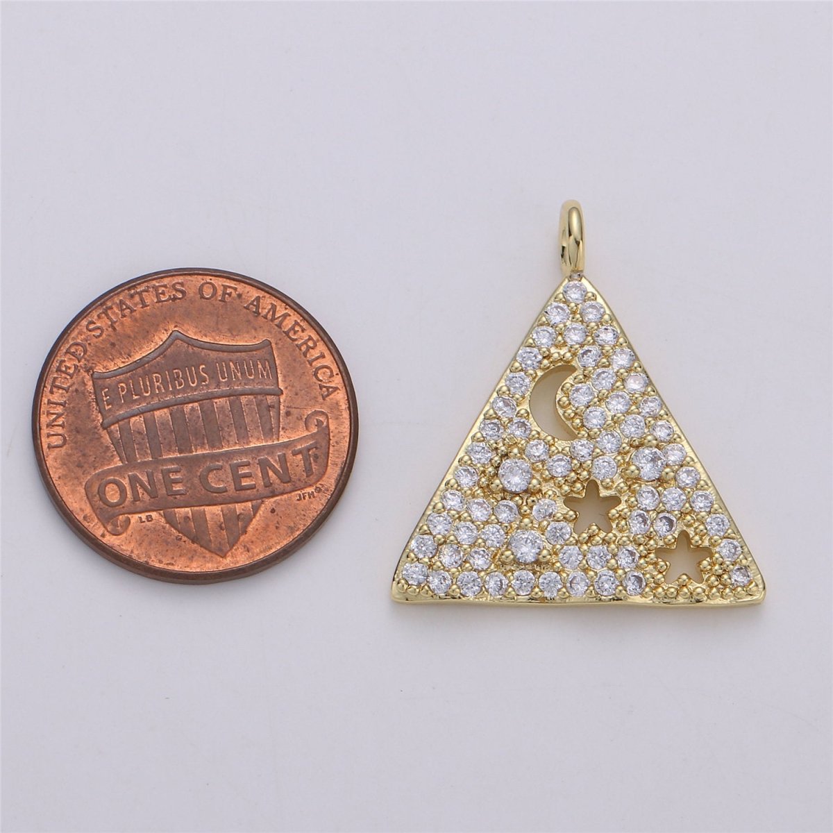 24K Gold Filled Geometric Dainty Triangle Charm with Micro Pave Moon and Star Cubic Zirconia CZ Stone for Necklace Bracelet Component, C-872