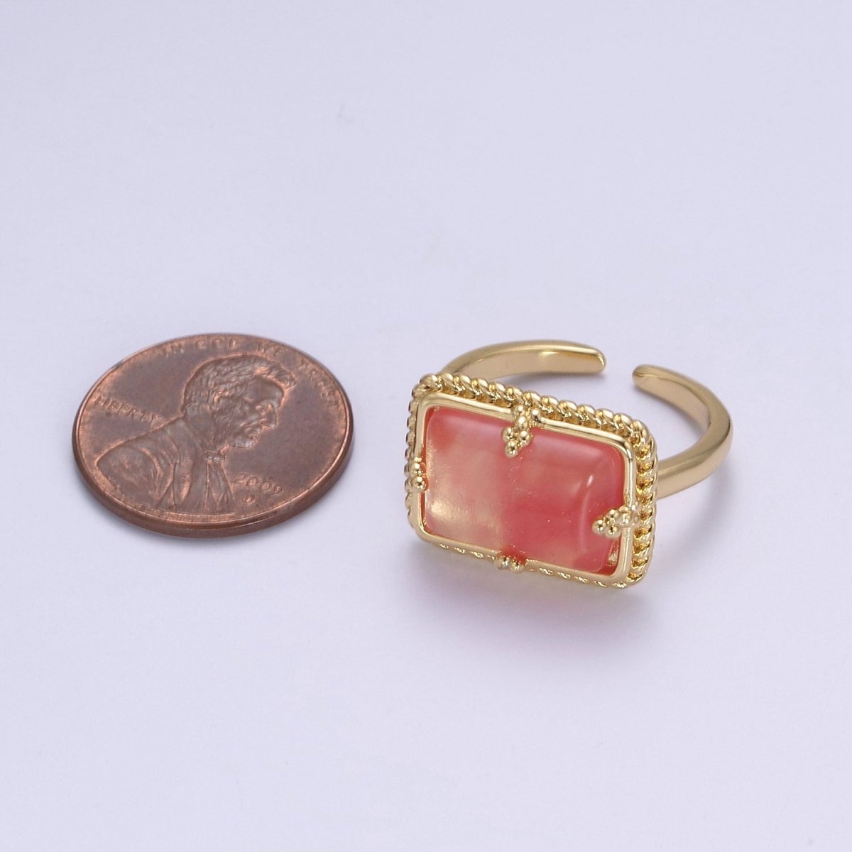 24K Gold Filled Gold Watermelon Pink Rectangular Gemstone Ring, Chunky Statement Ring | U-453