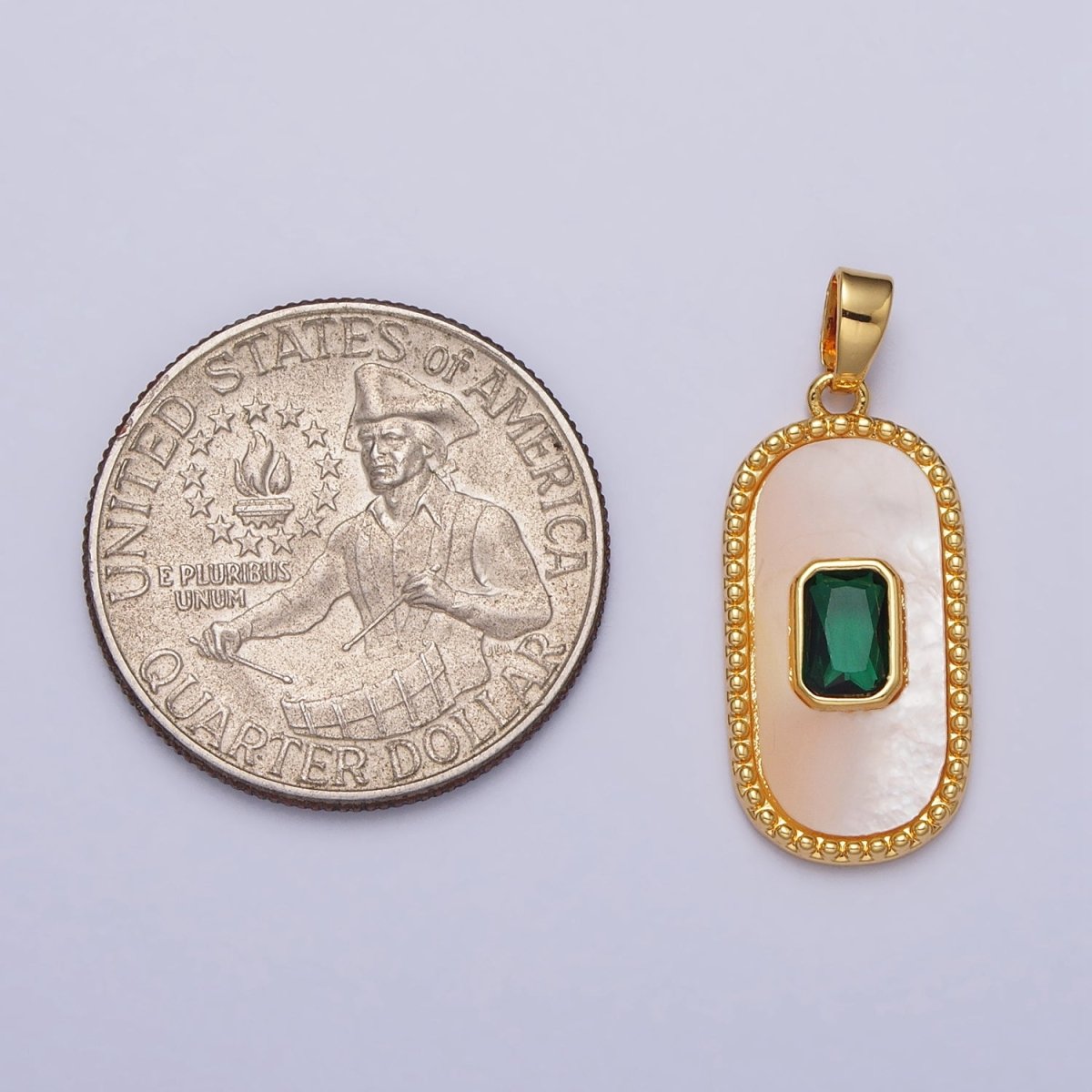 24K Gold Filled Green Baguette CZ Shell Pearl Oblong Beaded Pendant | AA111
