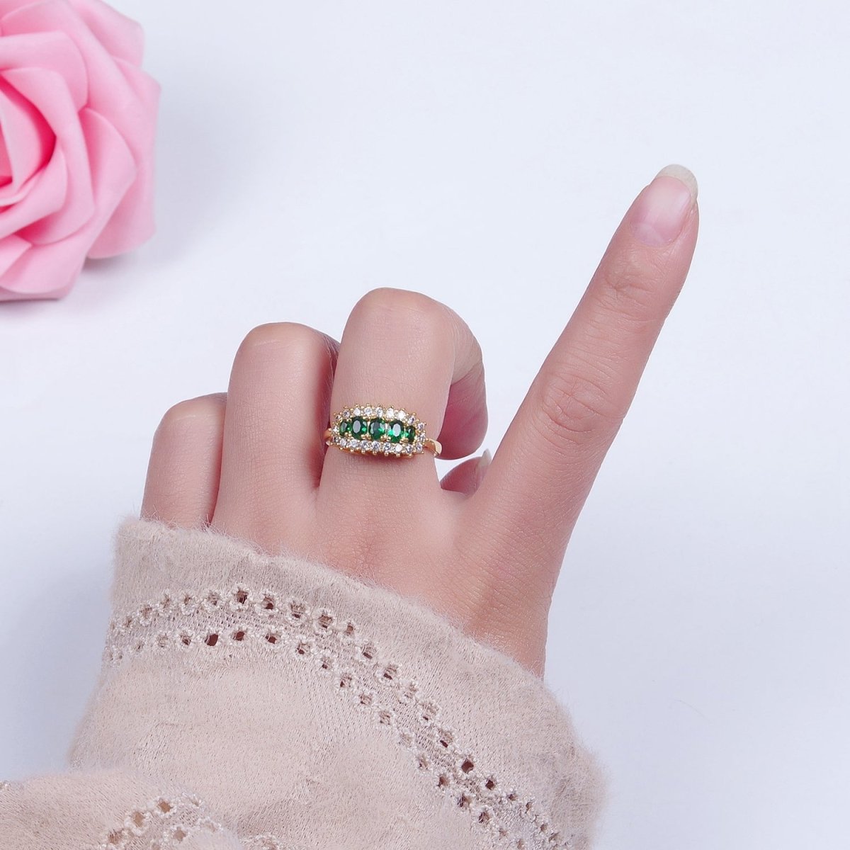 24K Gold Filled Green & Clear CZ Cubic Zirconia Ring O-2296