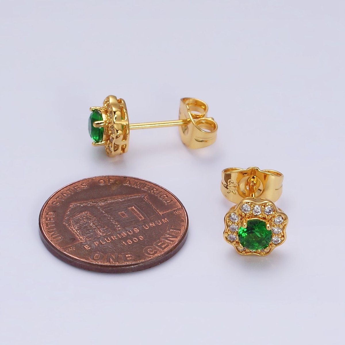 24K Gold Filled Green CZ Flower 8mm Stud Earrings | AD1428