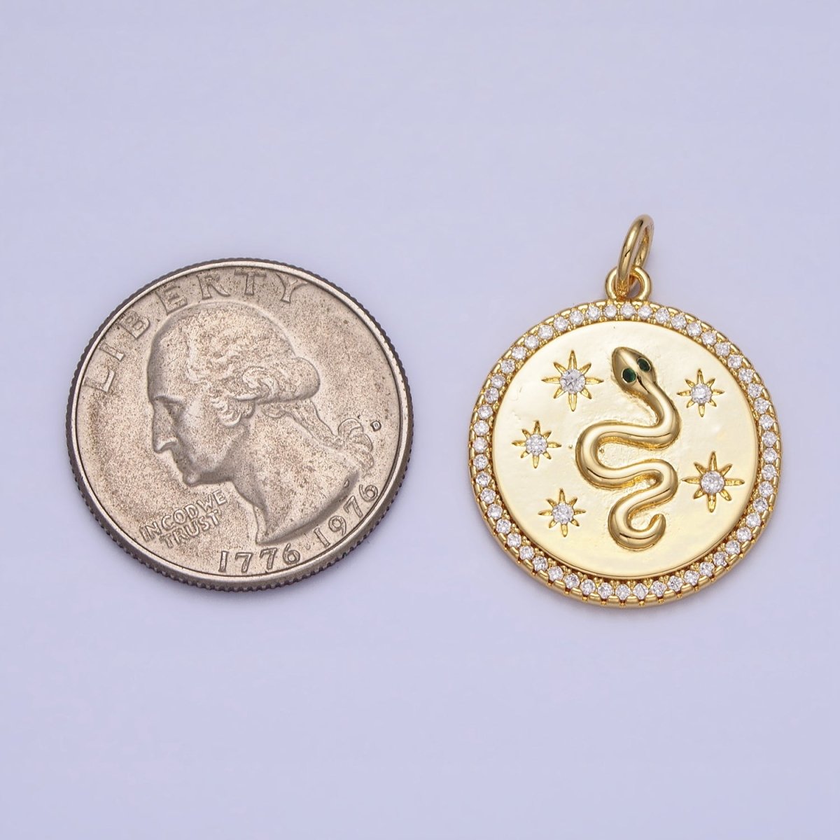 24K Gold Filled Green-Eyed Snake Celestial Star Sun Clear Micro Paved CZ Round Charm | AC376