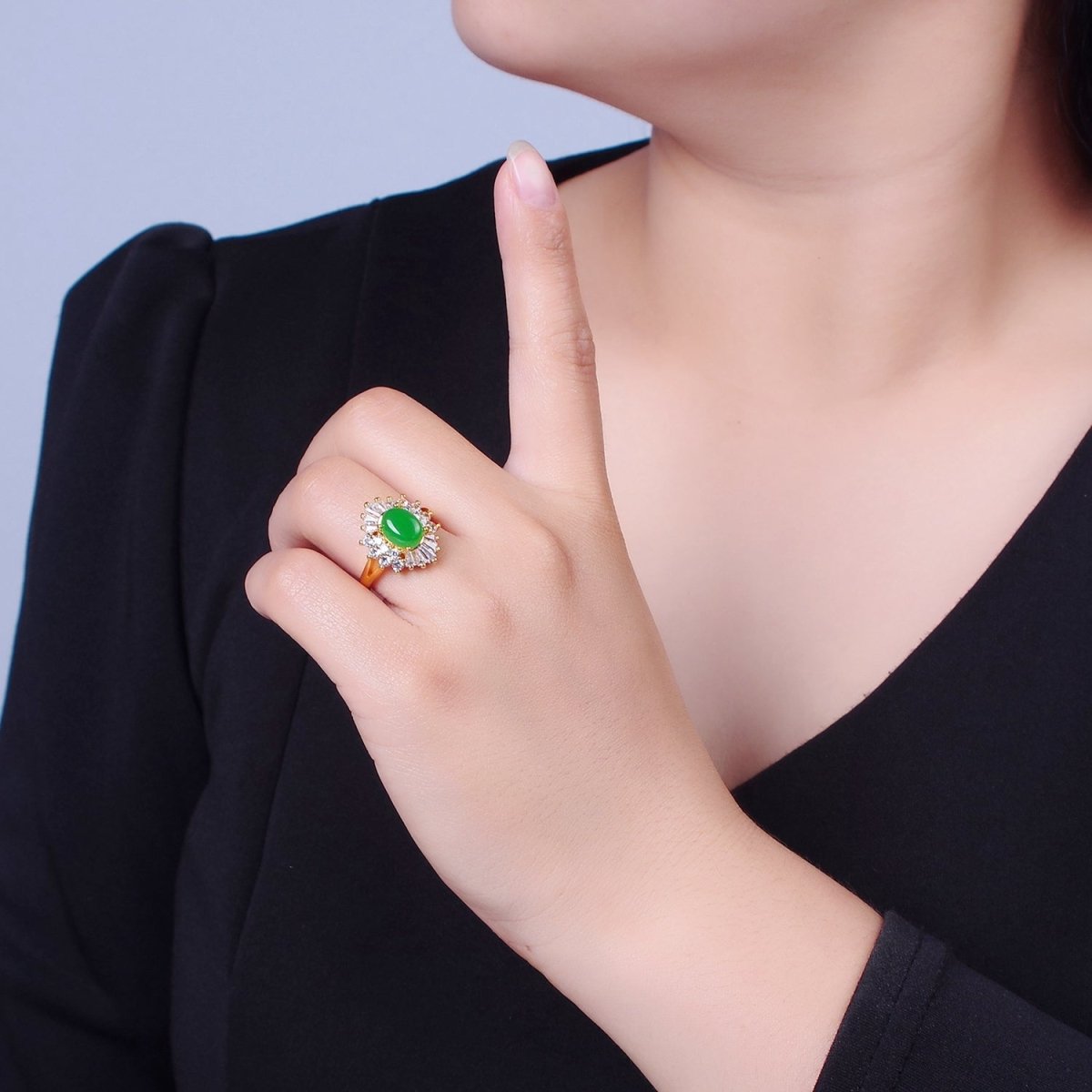 24K Gold Filled Green Jade Sunburst Baguette Round CZ Statement Ring O-767