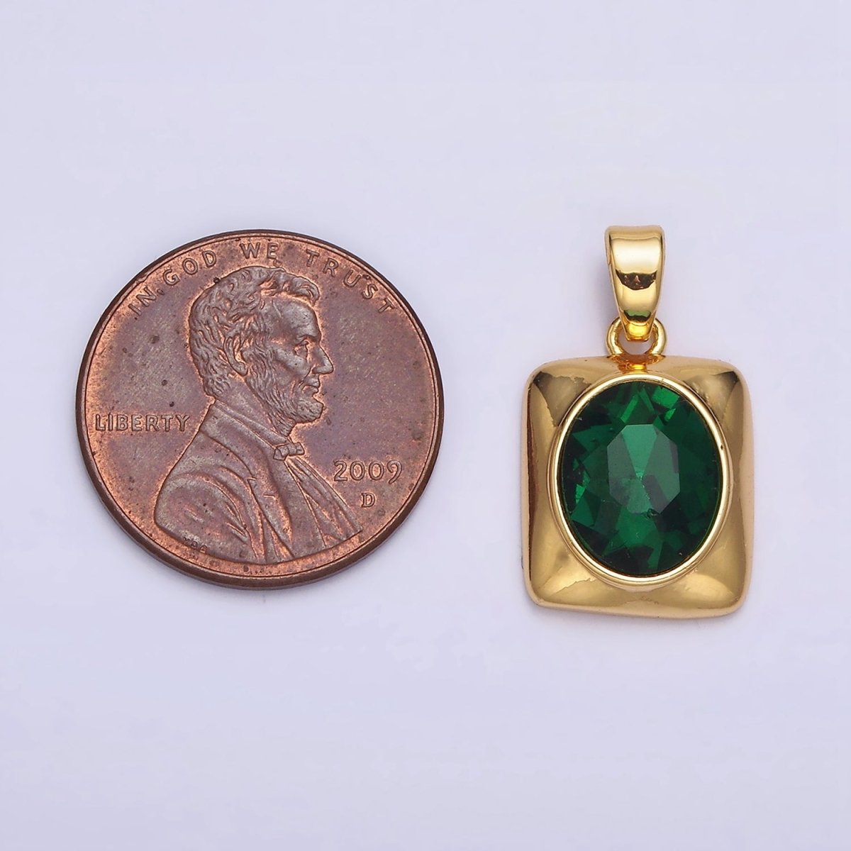 24K Gold Filled Green Oval CZ Multifaceted Square Pendant | AA581