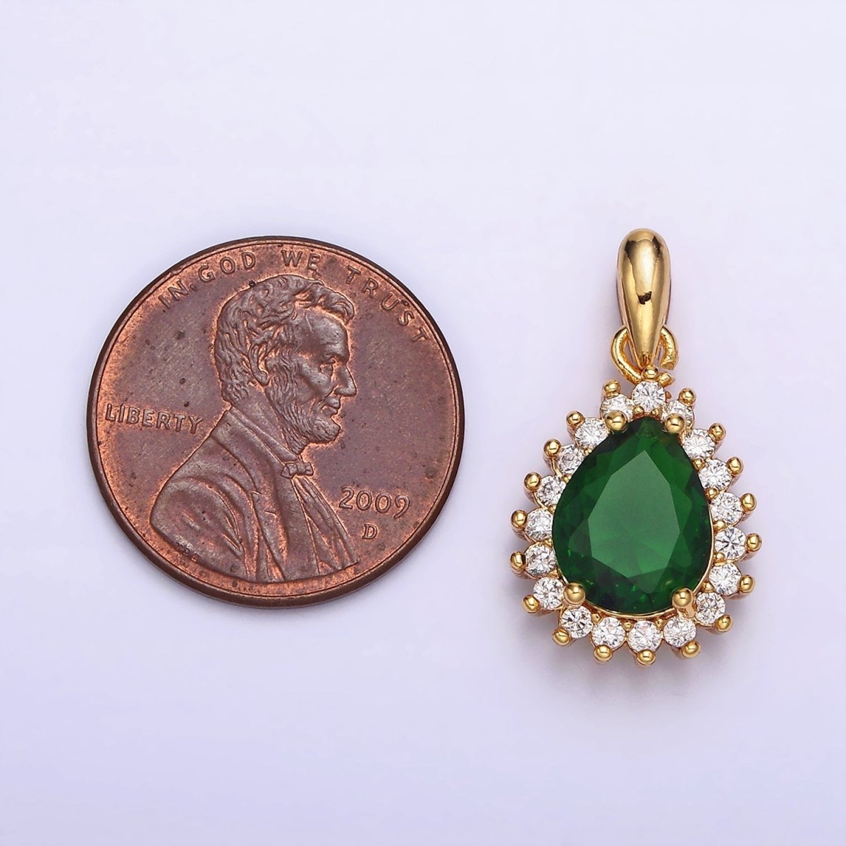 24K Gold Filled Green Teardrop Clear CZ Lined Pendant | AA602
