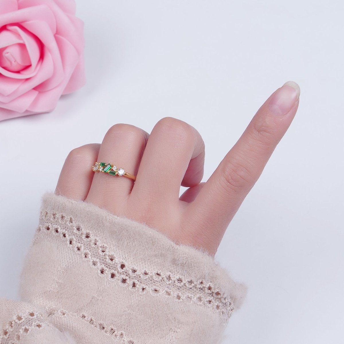 24K Gold Filled Green/Fuchsia CZ Promise Ring, Round & Baguette Cubic Zirconia Ring O-2287 O-2288