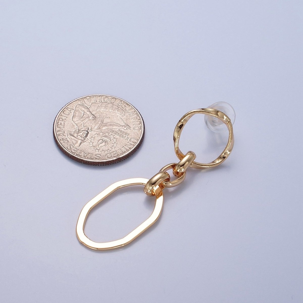 OS 24K Gold Filled Hammered Oval Chain Link Dangle Stud Earrings P-310