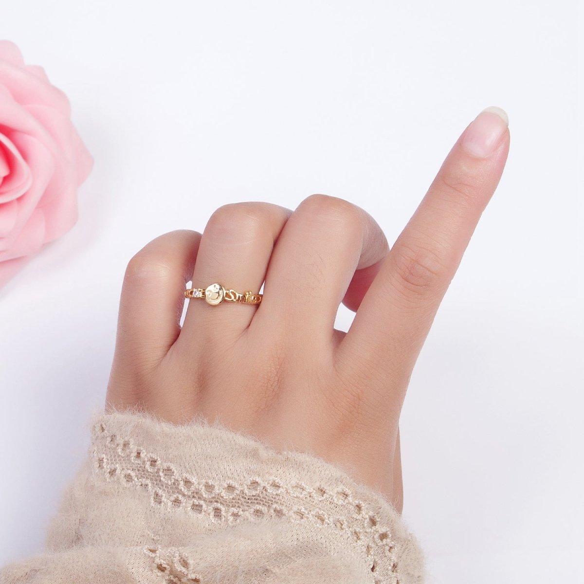 24K Gold Filled Happy Face & Smile Script with Cubic Zirconia Adjustable Gold Ring | U-010