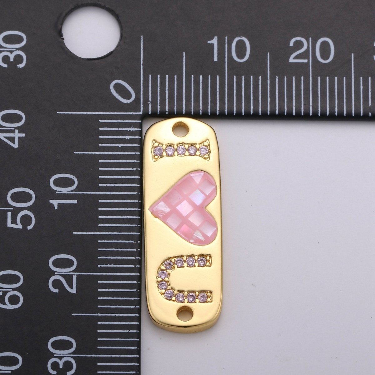 24K Gold Filled "I Love U" Micro Paved Pink Heart Opal Shell Link Connector F-394