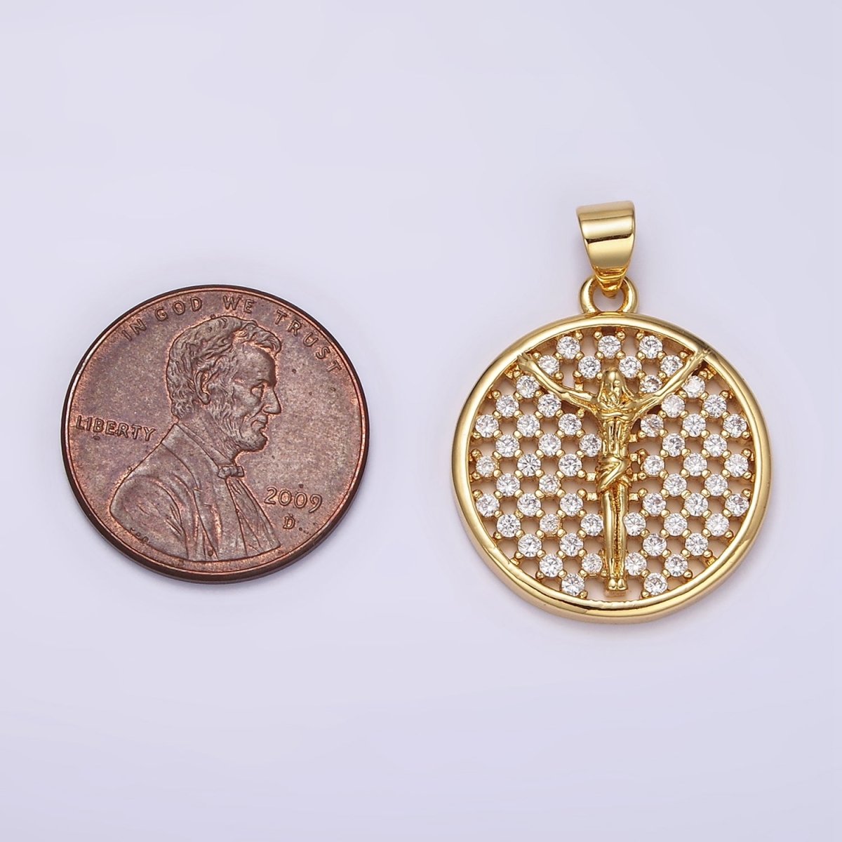 24K Gold Filled Jesus Crucifix Religious Open Clear CZ Checkered Round Charm | N1945