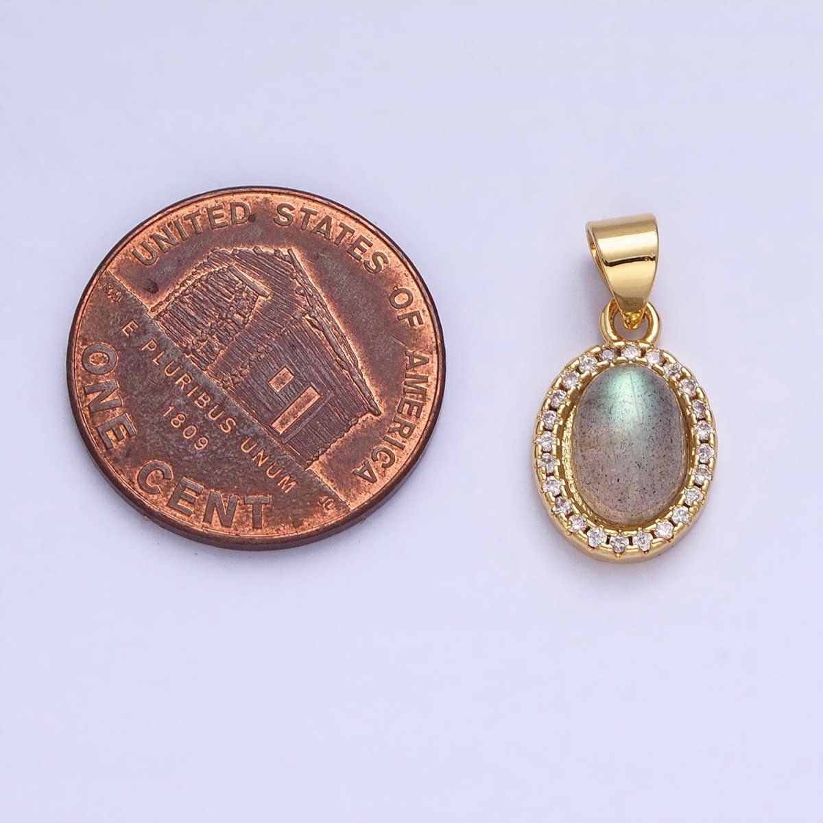 24K Gold Filled Labradorite: Spectrolite Natural Gemstone Micro Paved CZ Oval Pendant | AA178