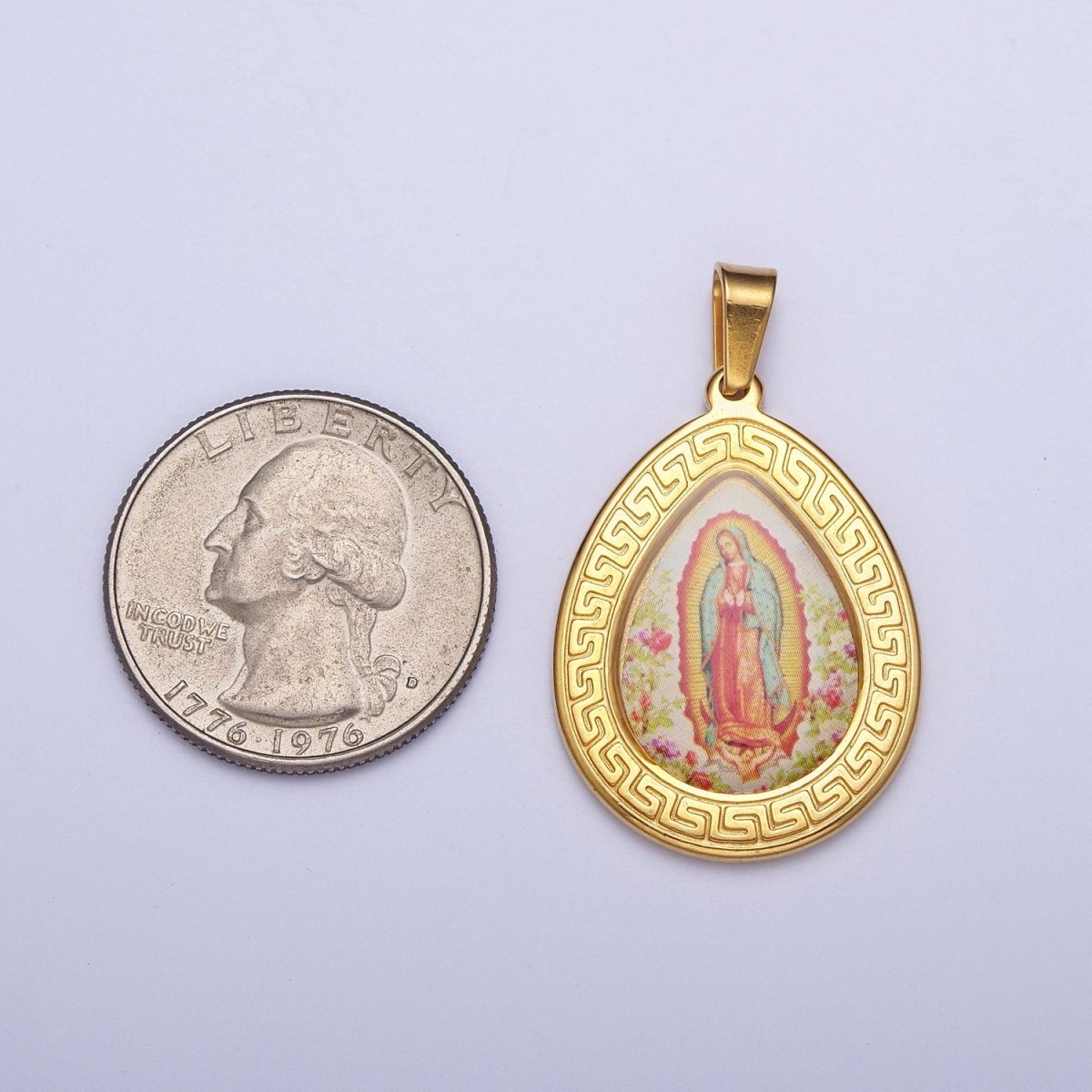 24K Gold Filled Lady Guadalupe Pendant Tear Drop Medallion Virgin Mary Charm X-649