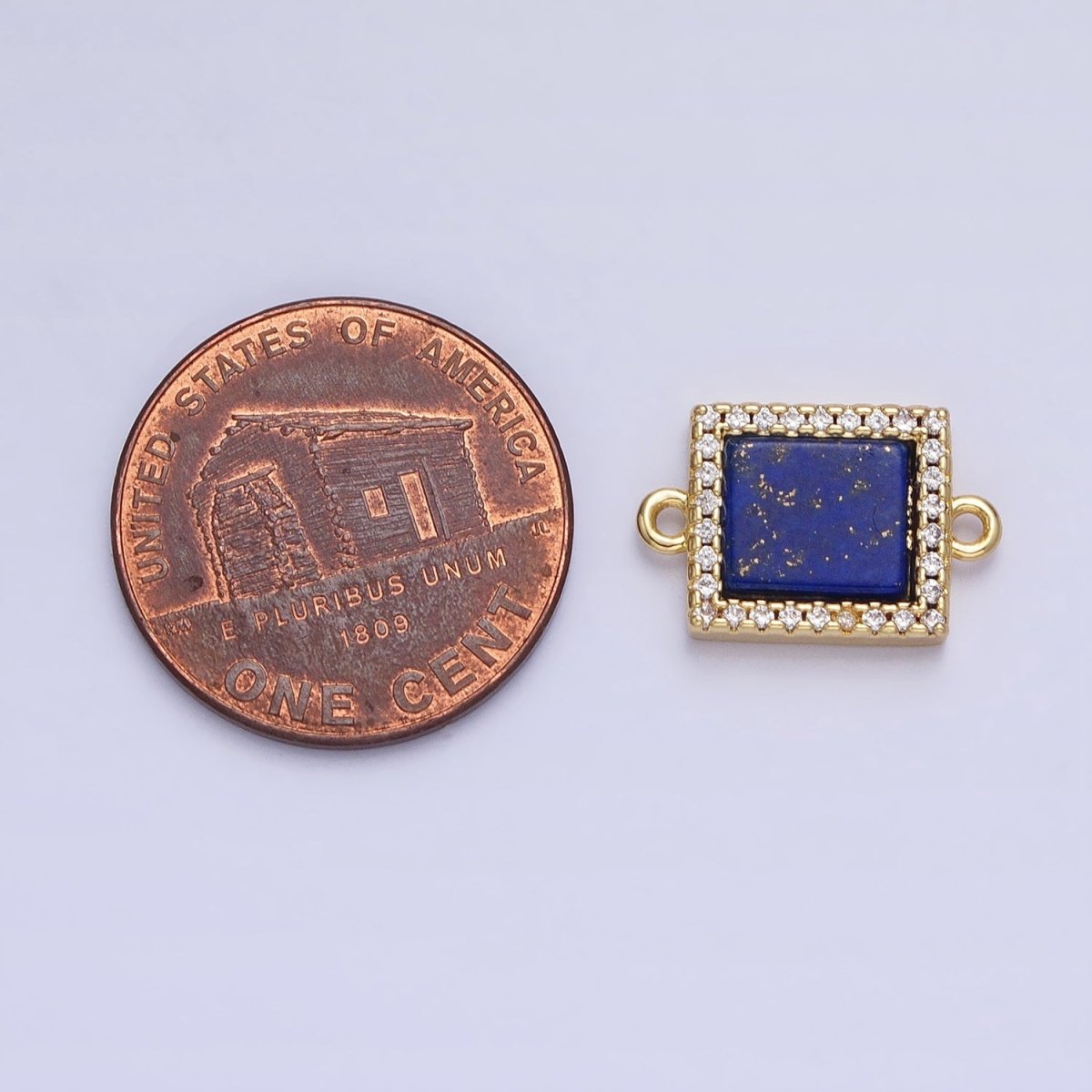 24K Gold Filled Lapis Lazuli Natural Gemstone Micro Paved CZ Flat Rectangular Connector | Y-790