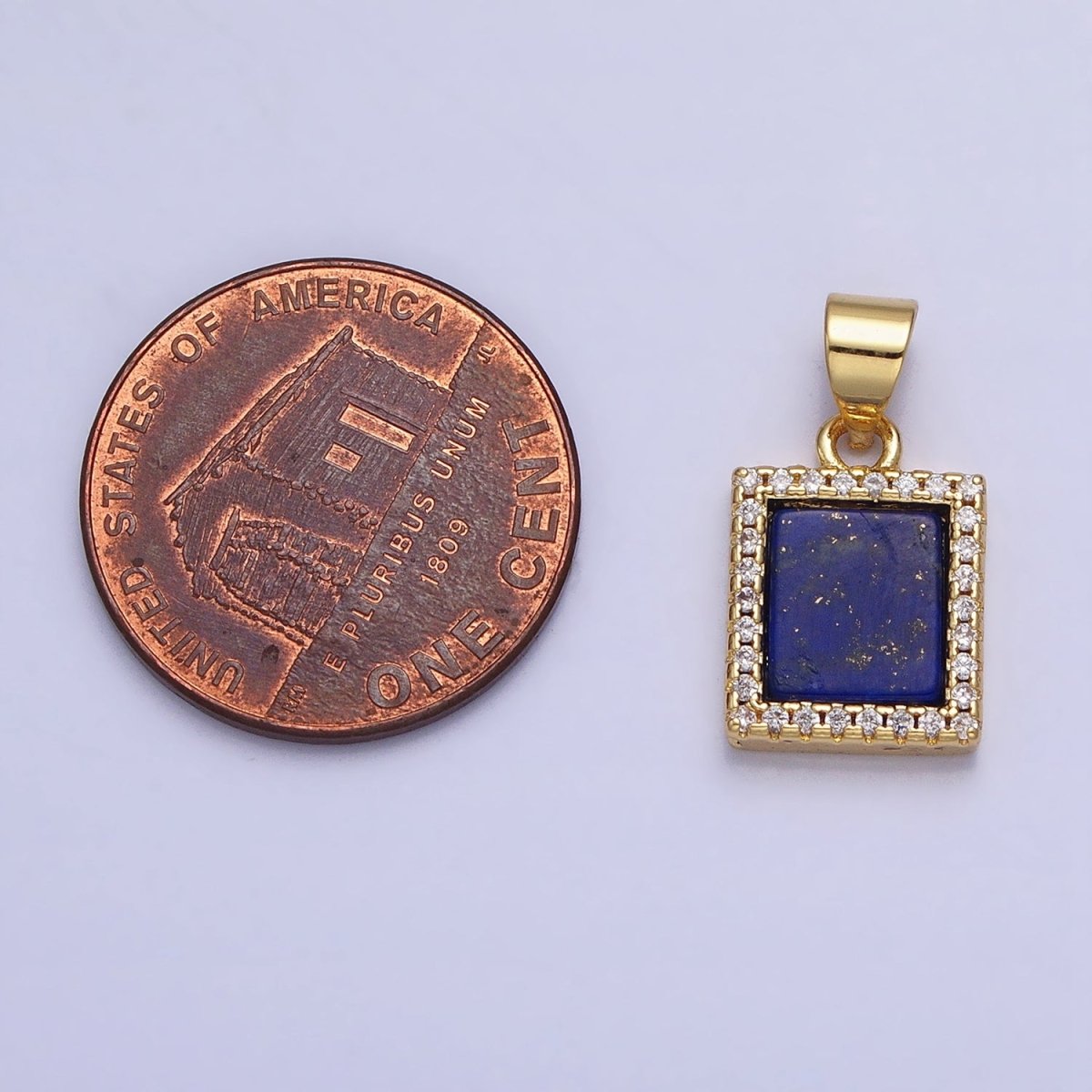 24K Gold Filled Lapis Lazuli Natural Gemstone Micro Paved CZ Rectangular Pendant | AA-181