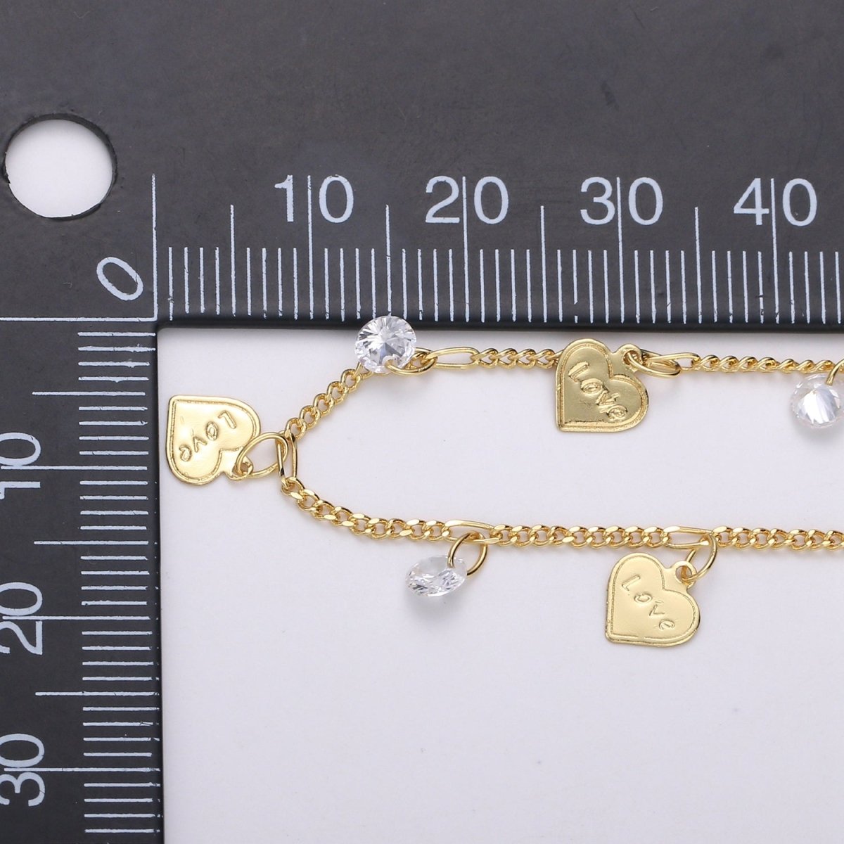 24K Gold Filled Love Charmed Cubic Chain by Yard, Heart CZ Charm Twisted Curb Chain by Yard, Curb Designed Unfinished Chain For Necklace Making | ROLL-323 Clearance Pricing