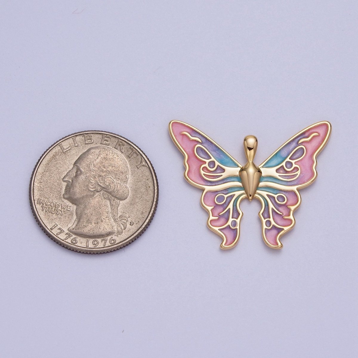 24K Gold Filled Mariposa Butterfly Multicolor Gradient Pink Blue Purple Enamel Pendant H-200