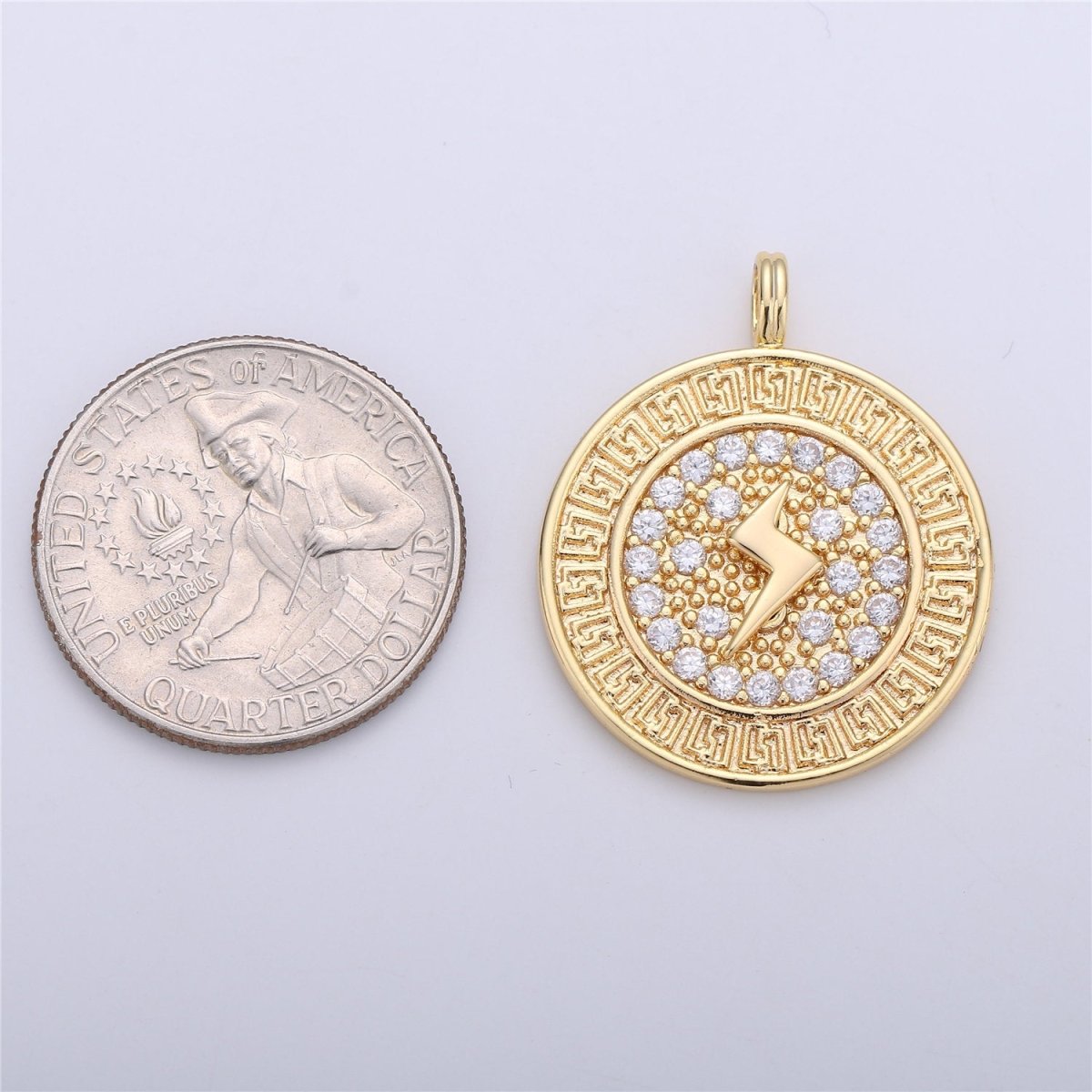 24k Gold Filled Medallion Lightning Bolt Charm, CZ Micro Pave Lightning Bolt Charm Pendant, Thunder Charm 32x26mm C-658