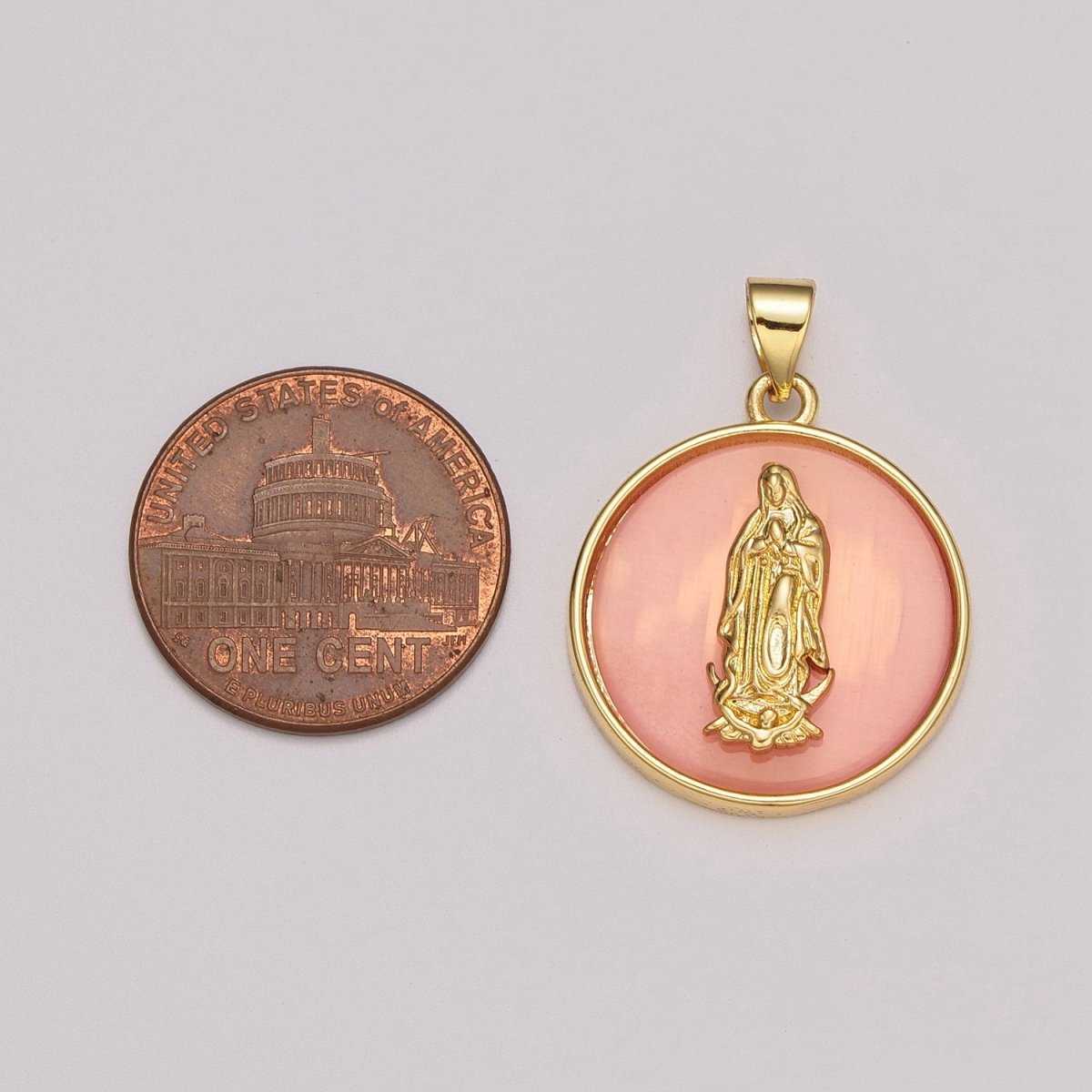 24k Gold Filled Medallion Pink Virgin Mary Pendant Dainty Coin Charm Pendant for Necklace Bracelet / N-1436
