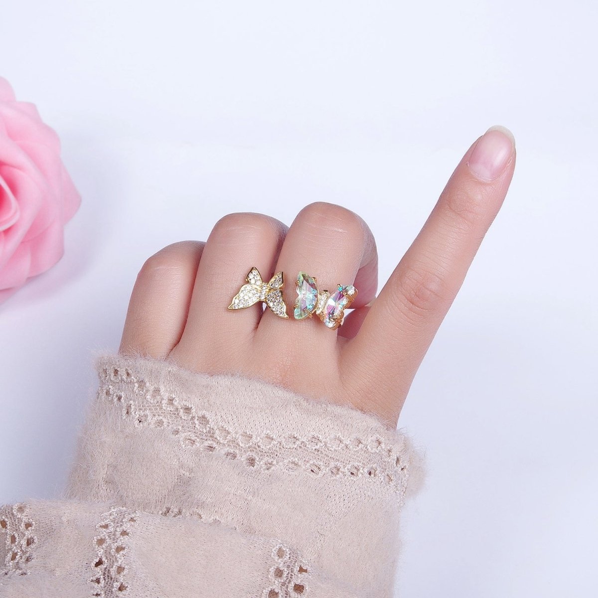 24K Gold Filled Micro Pave Cubic Zirconia Butterfly & Acrylic Mariposa Double Insect Butterfly Open Ring S-243