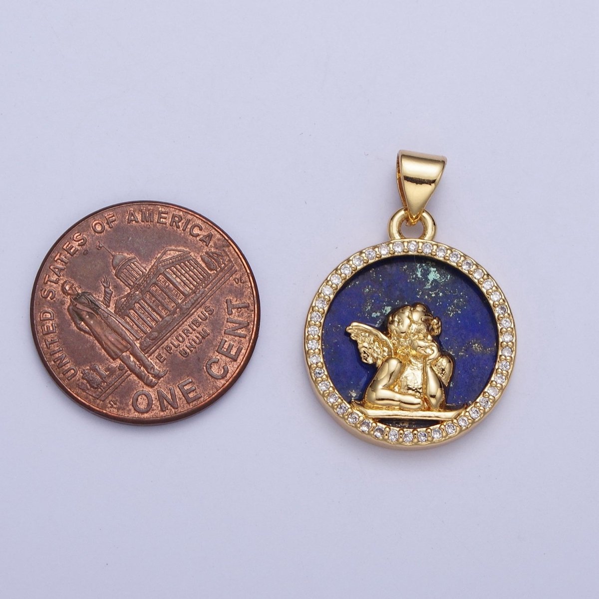 24K Gold Filled Micro Pave CZ Blue Lapiz Angel Child Round Medallion Pendant For Jewelry Necklace Making X-427
