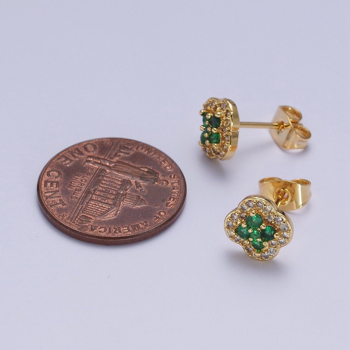 24K Gold Filled Micro Pave Green & Clear Cubic Zirconia Lucky Clover Leaf Stud Earrings | AD-512