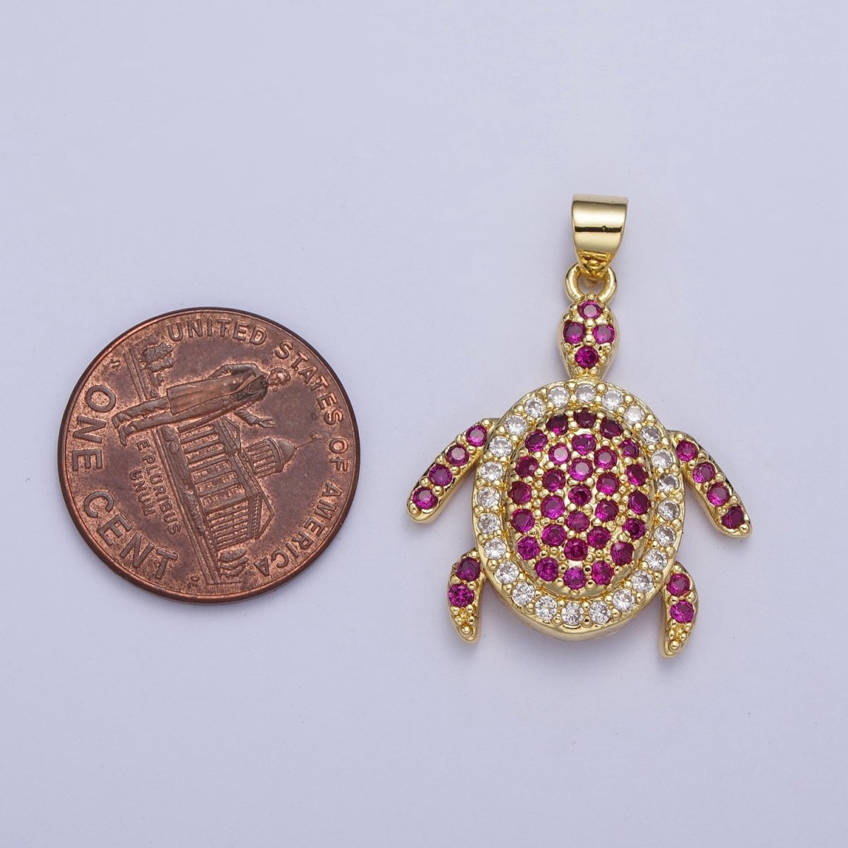 24K Gold Filled Micro Pave Ocean Wildlife Turtle Turquoise Pendant, Fuchsia & Clear Cubic Zirconia Sea Animal X-420