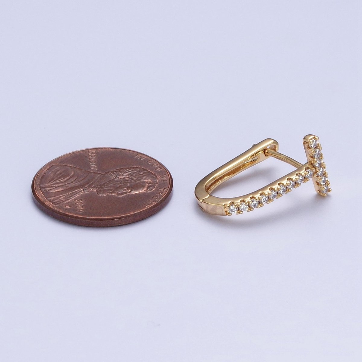 24K Gold Filled Micro Paved CZ 16mm T-Shaped Oblong Hoop Earrings T-036