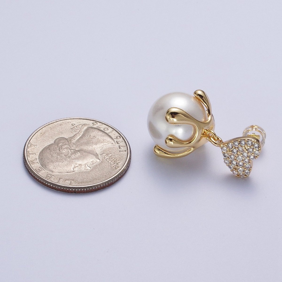 24K Gold Filled Micro Paved CZ Heart Love Drop Round White Pearl Geometric Drip Stud Earrings | AD-032