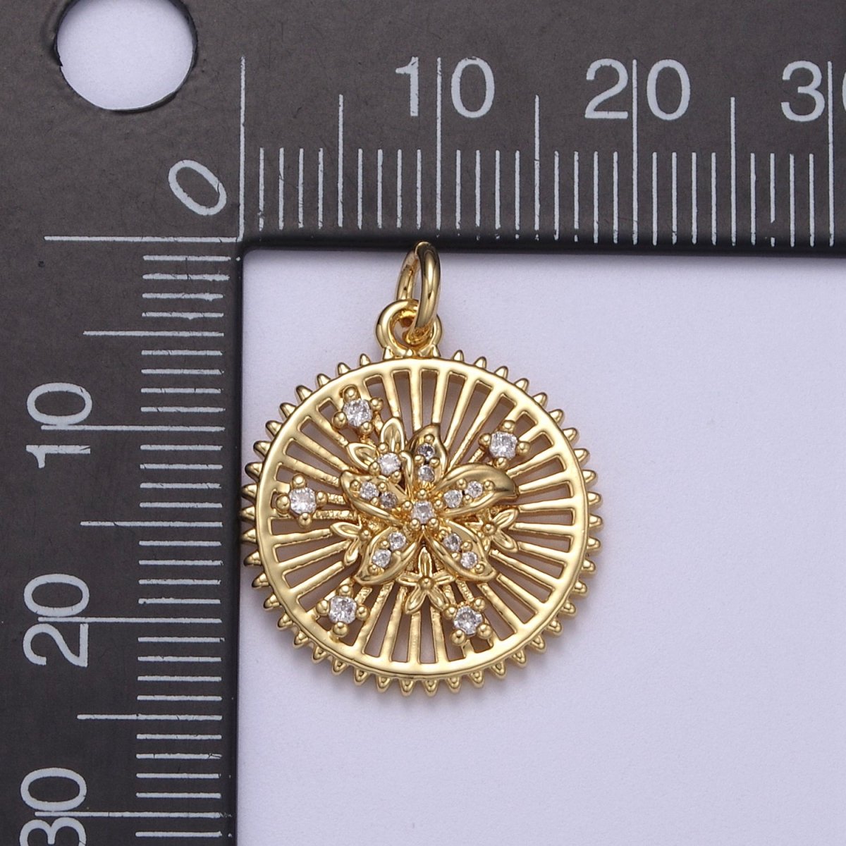 24K Gold Filled Micro Paved Flower Bars Spiked Round Medallion Charm | N383