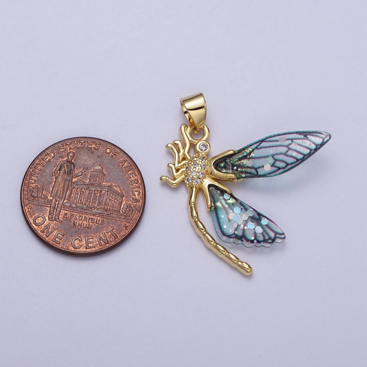 24K Gold Filled Micro Paved Mosquito Blue, Fuchsia Fairy Wings Pendant I-240 I-263