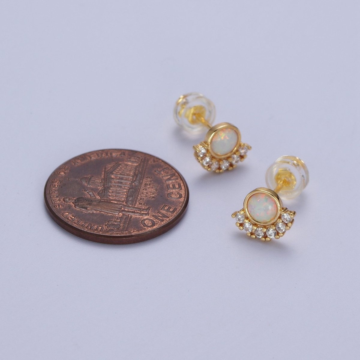 24K Gold Filled Micro Paved Round White Opal Stud Earrings | AD-152