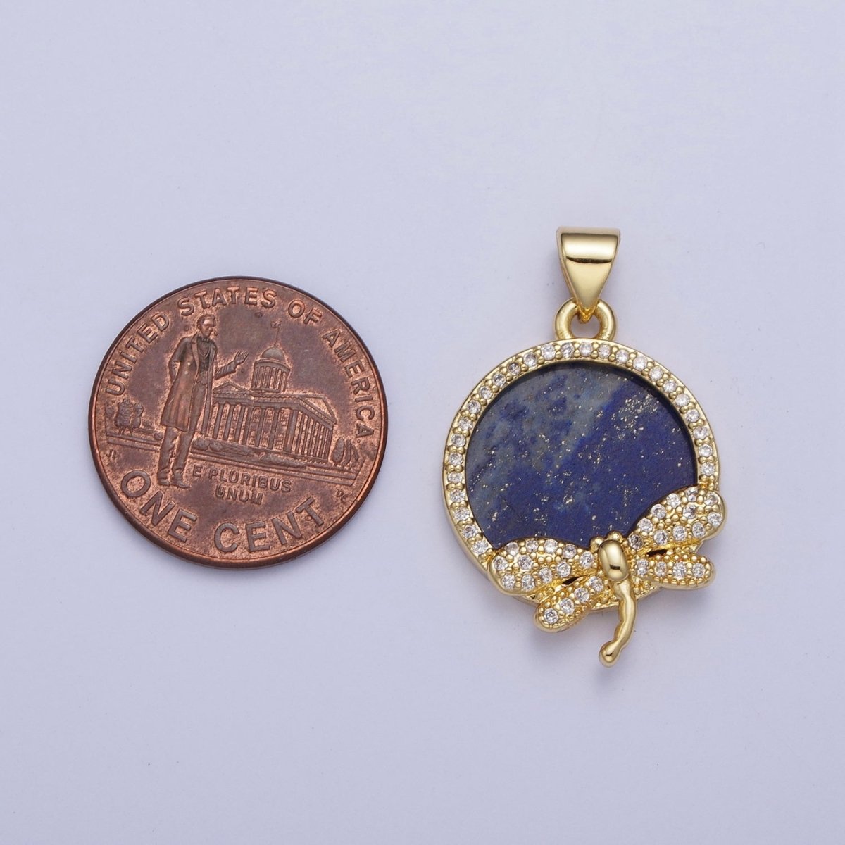 24K Gold Filled Minimalist Blue Lapiz Micro Pave CZ Dragonfly Insect Round Pendant For Jewelry Making X-432