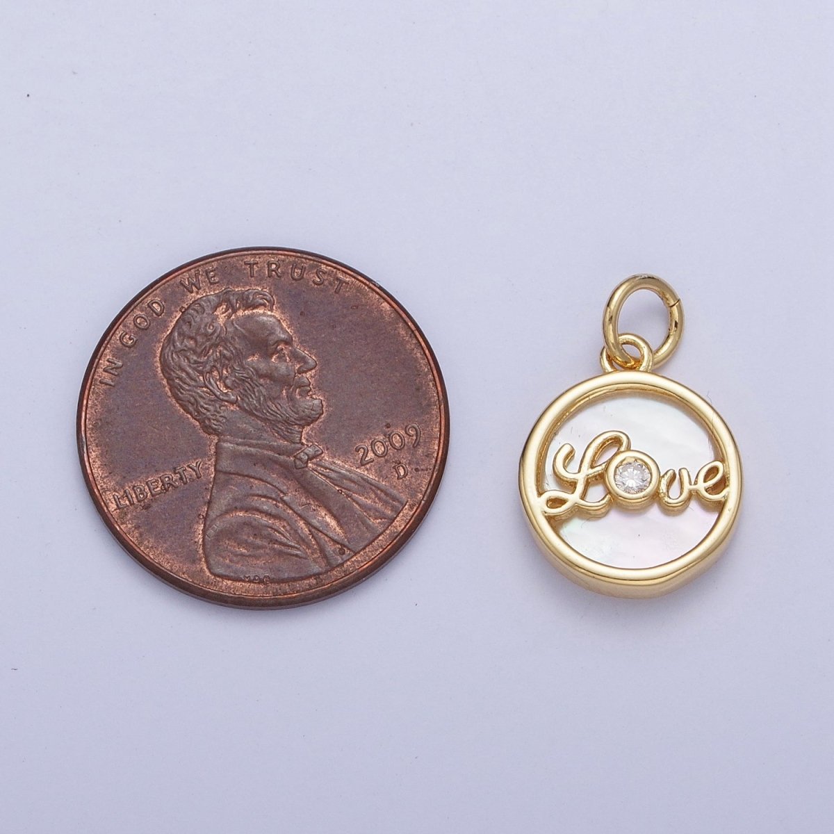 24K Gold Filled Mother of Pearl Love Script Round Coin Charm AG-074