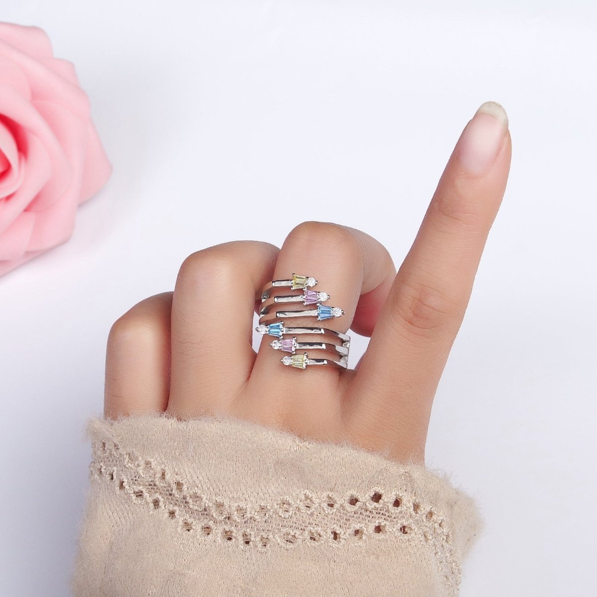 24K Gold Filled Multi Band Claw Multicolor CZ Baguette Statement Ring in Gold & Silver | R-021 R-022