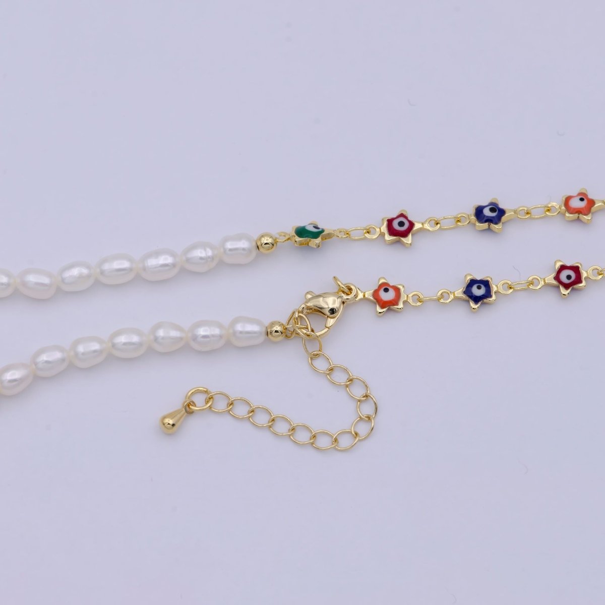 24K Gold Filled Multi Color Evil Eye Chain Necklace with Pearl Bead Layer For Wholesale Jewelry Making Supplies | WA-673 Clearance Pricing