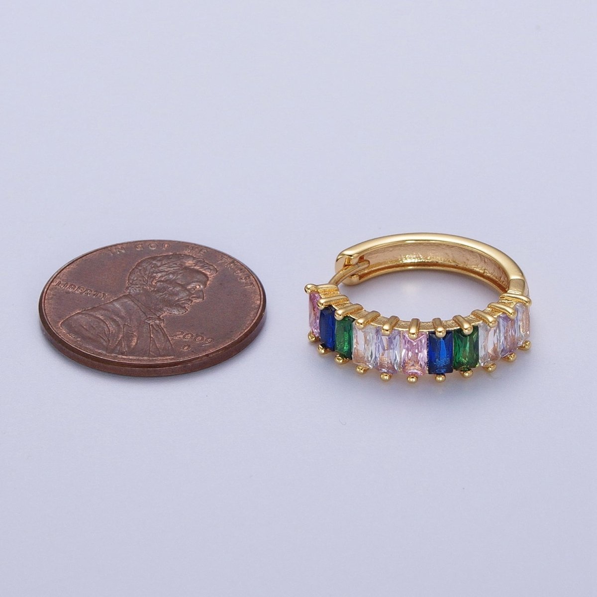 24K Gold Filled Multicolor Baguette Cubic Zirconia 18mm Huggie Hoop Earrings | AD-105