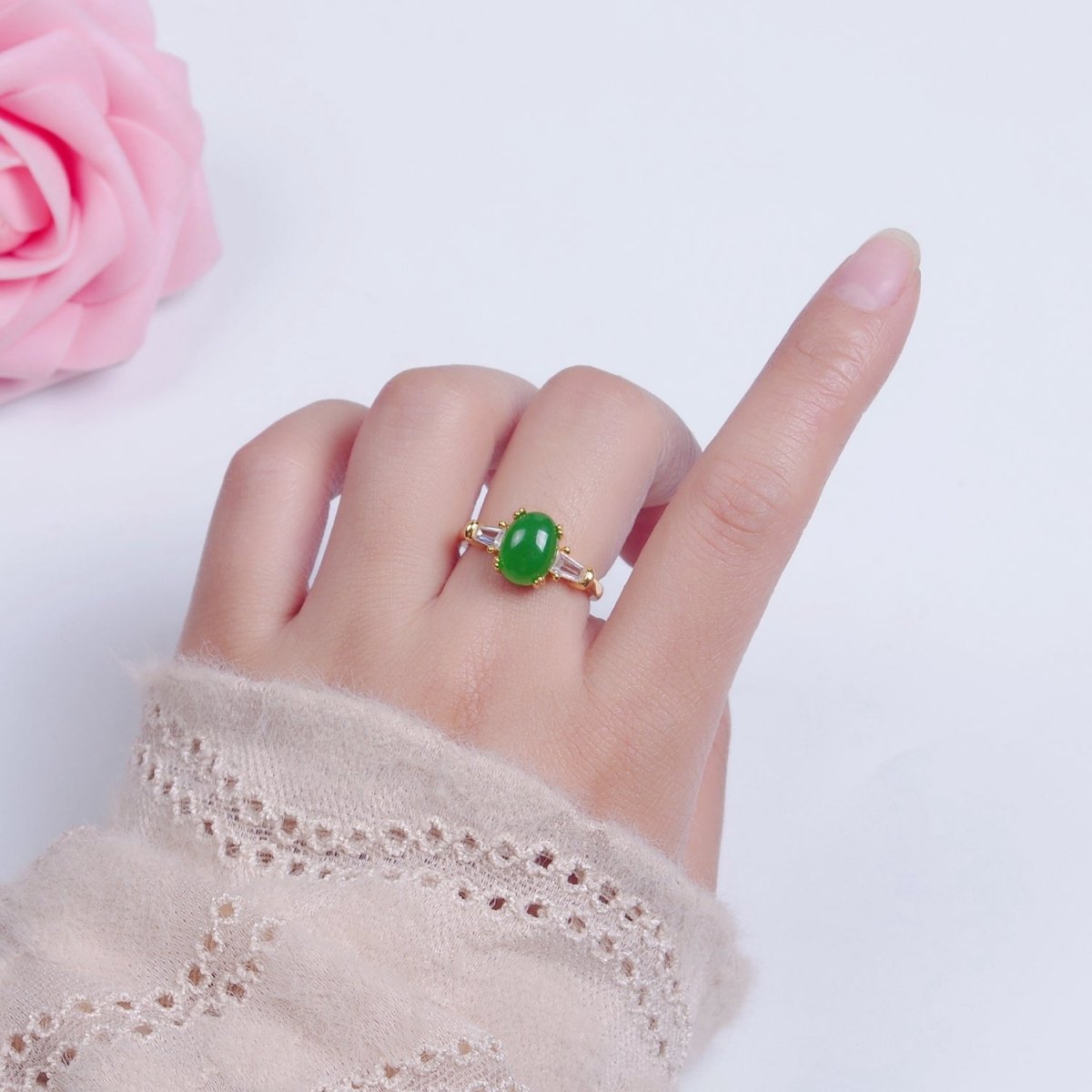 24K Gold Filled Oval Green Kade with Baguette CZ Statement Ring O-773